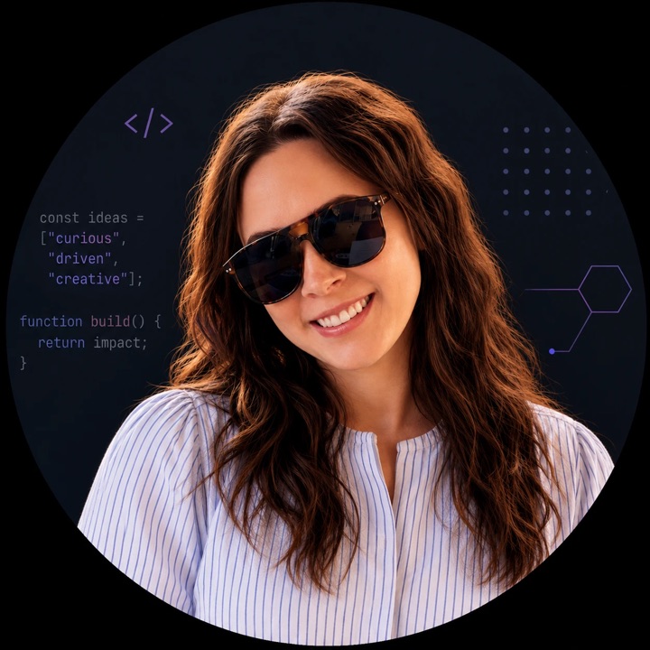 Skyla Urman smiling, in sunglasses and a striped blouse.